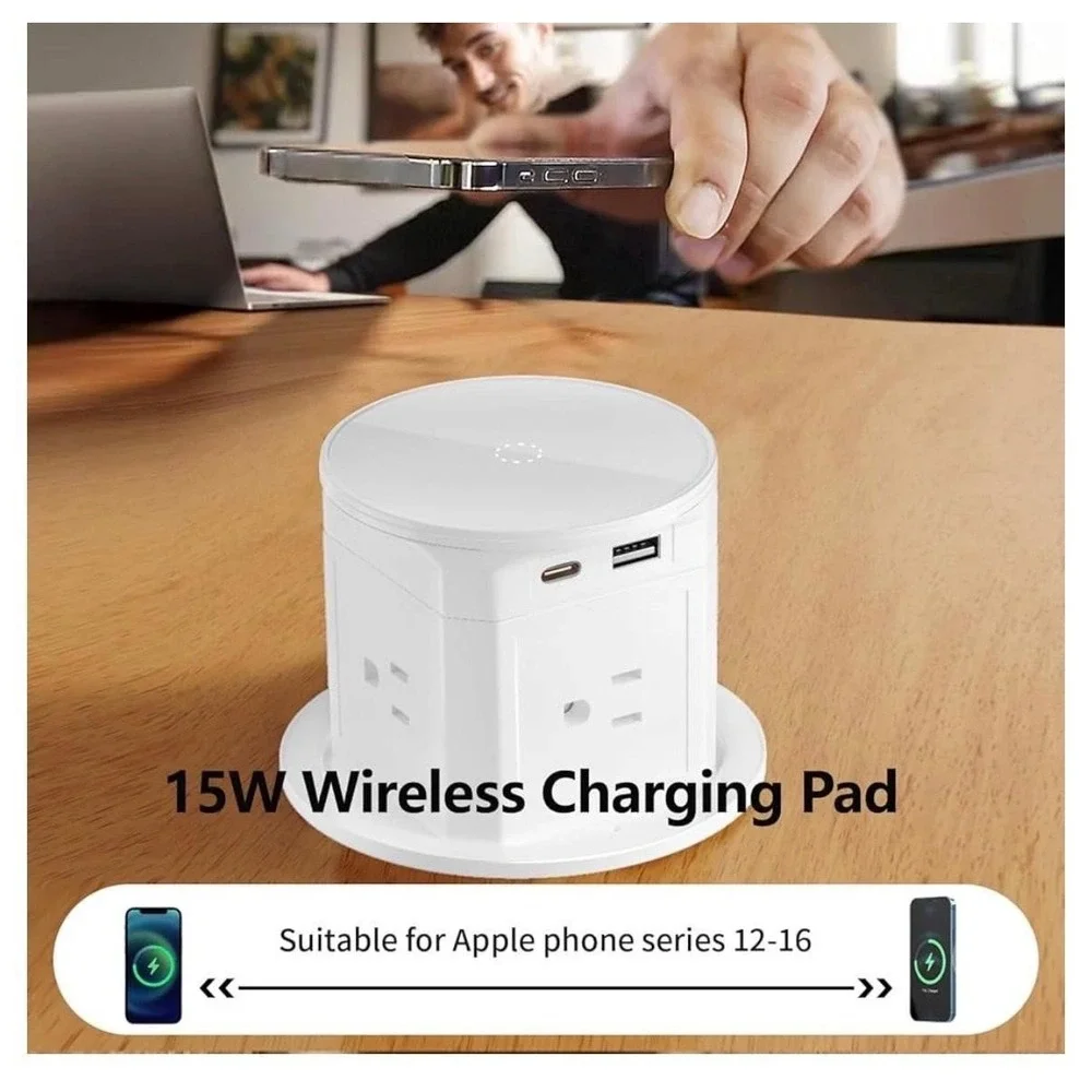 20A‎ 125V Pop Up Desk Countertop Outlet 15W Wireless Charger USB Ports White